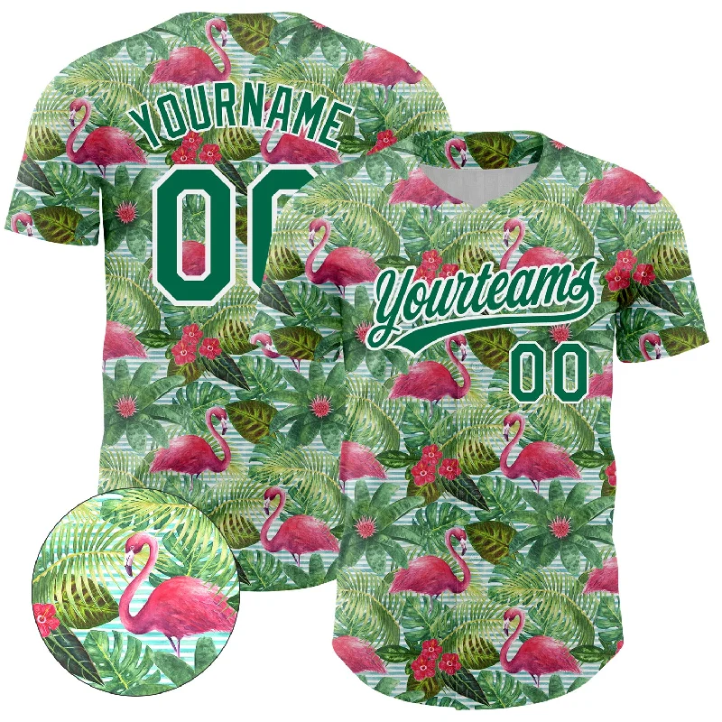 Custom White Kelly Green 3D Pattern Design Animal Flamingo And Hawaii Palm Leaves Authentic Baseball Jersey