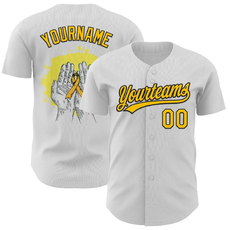 Custom White Yellow-Black 3D Childhood Cancer Gold Ribbon Authentic Baseball Jersey