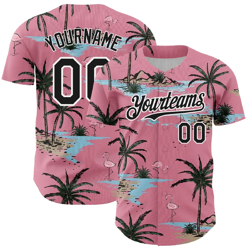 Custom Medium Pink Black-White 3D Pattern Design Tropical Hawaii Palm Trees Authentic Baseball Jersey