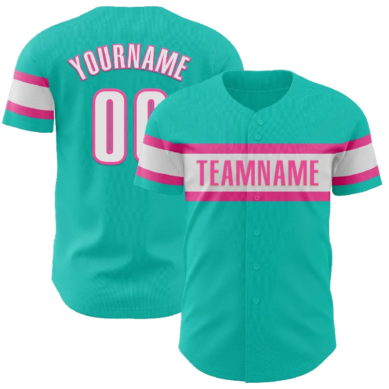 Custom Aqua White-Pink Authentic Baseball Jersey