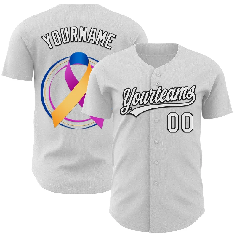 Custom White Purple Yellow Navy-Black 3D Bladder Cancer Ribbon Authentic Baseball Jersey