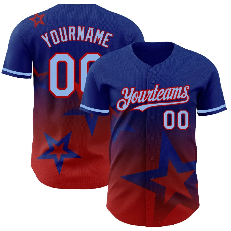 Custom Royal Light Blue-Red 3D Pattern Design Gradient Style Twinkle Star Authentic Baseball Jersey