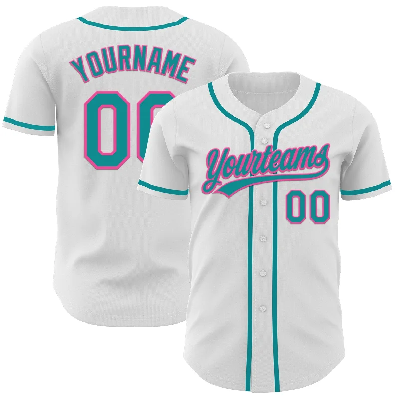 Custom White Teal-Pink Authentic Baseball Jersey