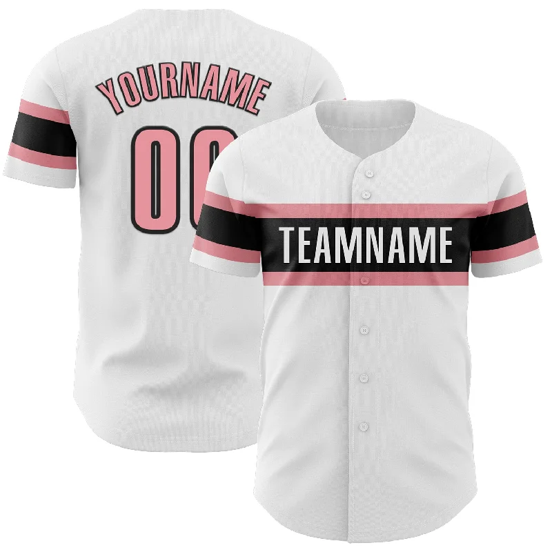 Custom White Medium Pink-Black Authentic Baseball Jersey