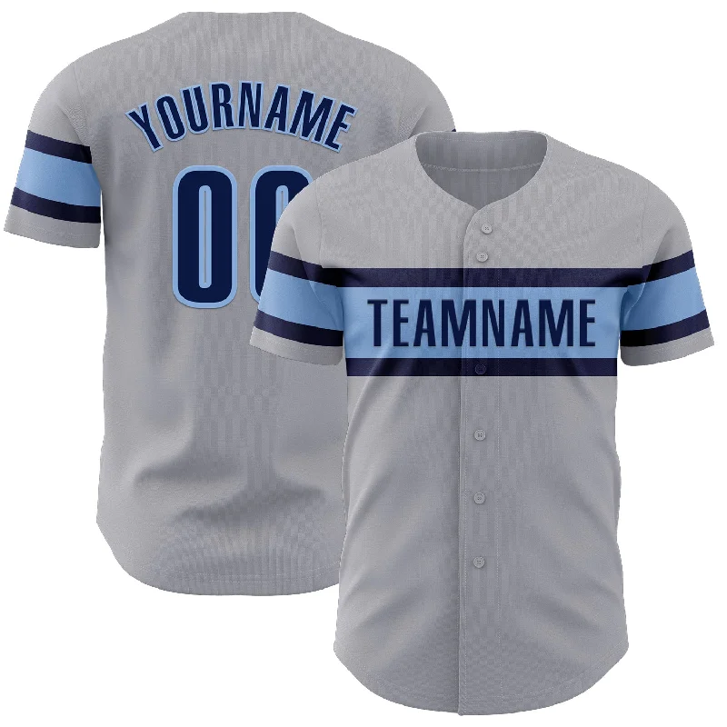 Custom Gray Navy-Light Blue Authentic Baseball Jersey