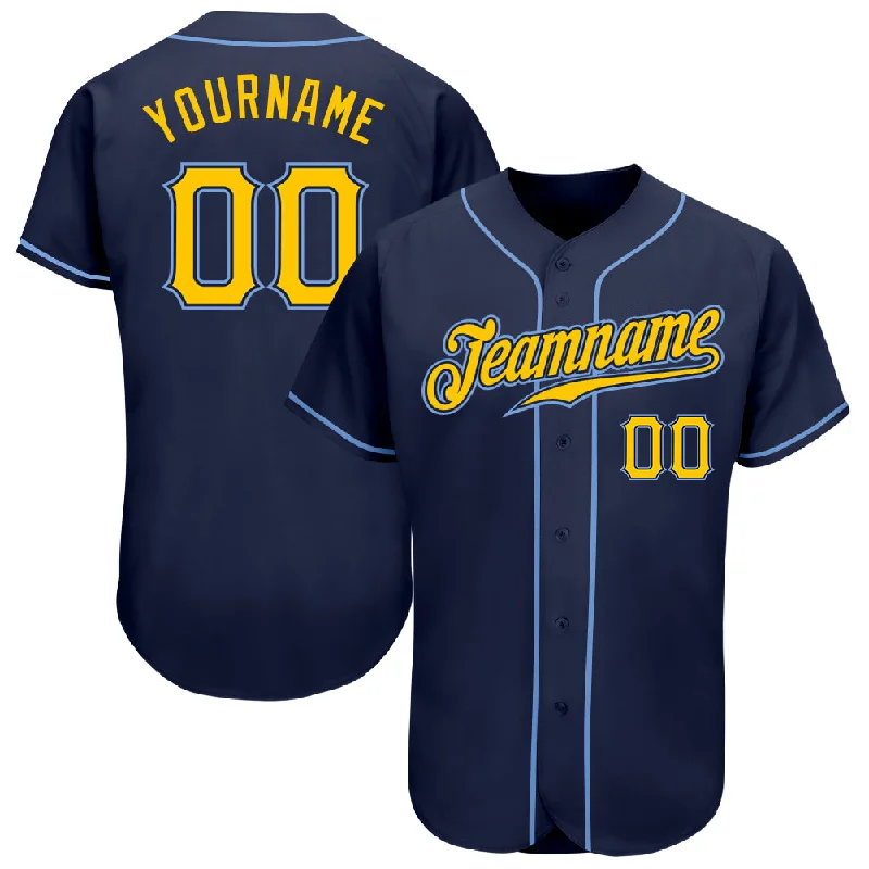 Custom Navy Gold-Light Blue Authentic Baseball Jersey