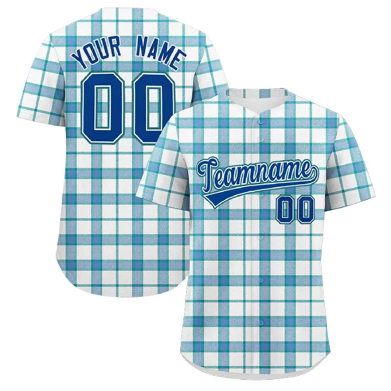 Custom White Aqua Personalized Plaid Design Authentic Baseball Jersey