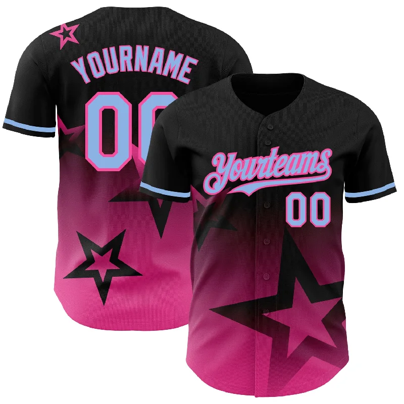 Custom Black Light Blue-Pink 3D Pattern Design Gradient Style Twinkle Star Authentic Baseball Jersey